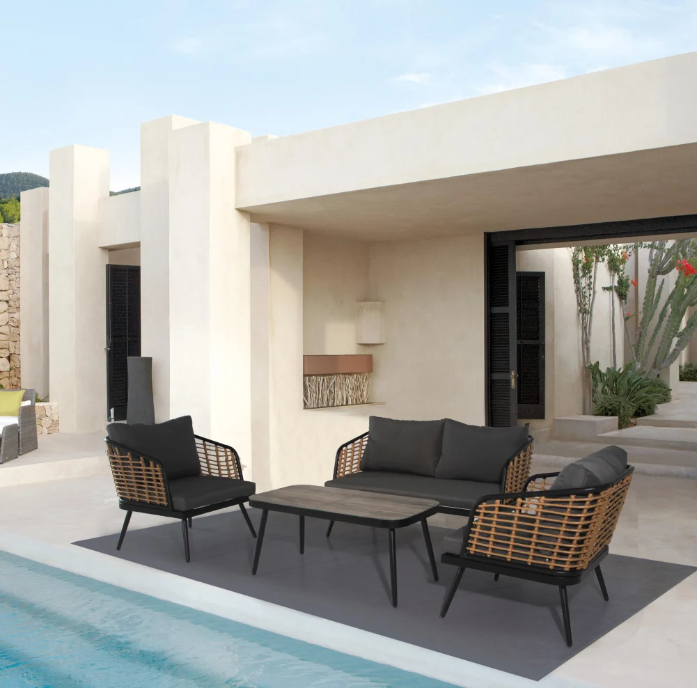 4pcs Patio Furniture Set Outdoor Conversation Sets With Glass Coffee Table PE Rattan Wicker Chairs Cushion For Patio Lawn Garden