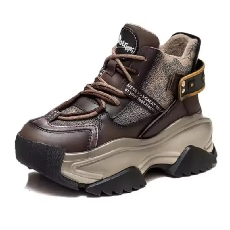 

7cm Ankle Boots Genuine Leather Platform Autumn Winter Mid Calf Mixed Color Women Ethnic Fashion Lady Chunky Heels Shoes