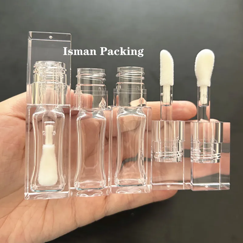 

50Pcs High quality empty plastic square all clear crystal big brush wand lip gloss container tubes cosmetic packaging 8ml