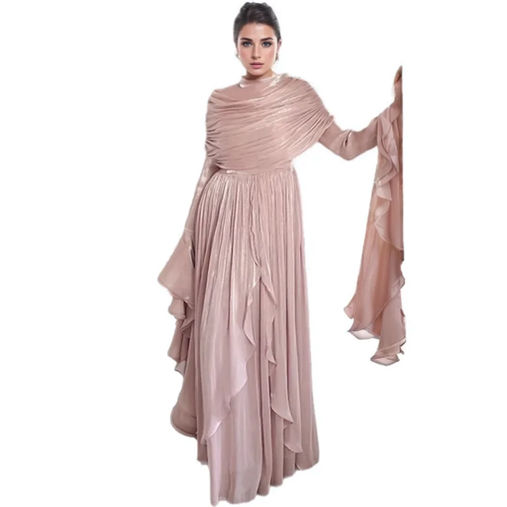 

Великолепное длинное вечернее платье с рюшами и длинными рукавами, розовое