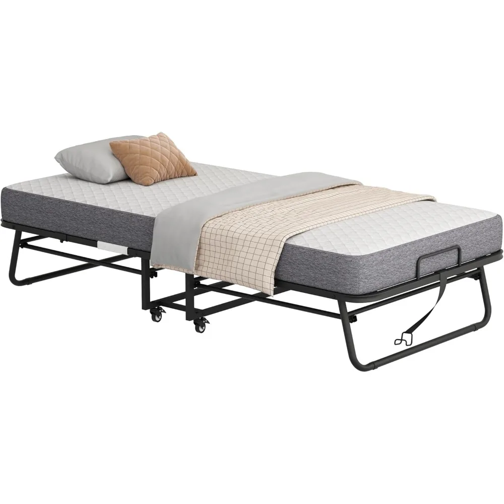 Przenośne składane łóżko pojedyncze z materacem z pianki memory dla dorosłych - oszczędzające miejsce łóżko dla gości, łóżko na kółkach