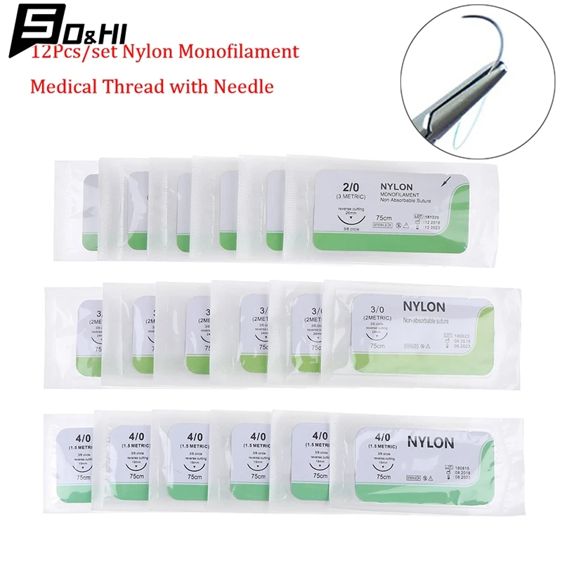 12Pcs 75cm 2/0 3/0 4/0 5/0 Medical Needle Suture Nylon Polyester Thread Suture Practice Kit Teaching Demonstrations Exercises