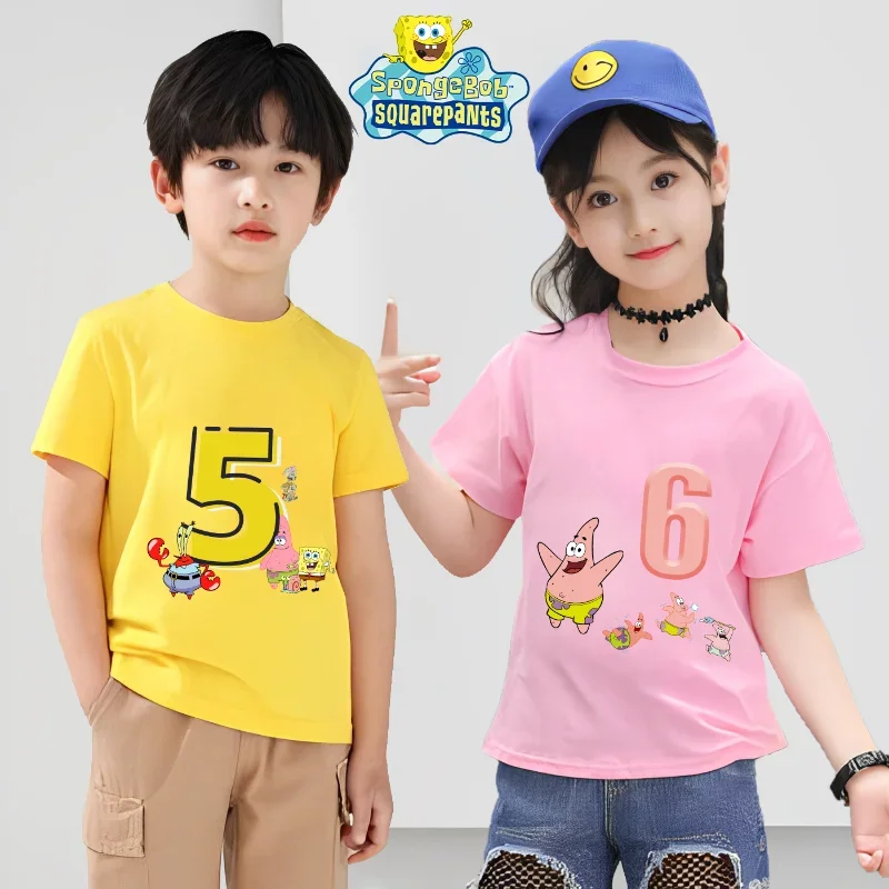 

SpongeBob SquarePants Children Number T-shirt Anime Kids Summer Clothes Birthday Cotton Tops Cartoon Cute Baby Clothing Gift New