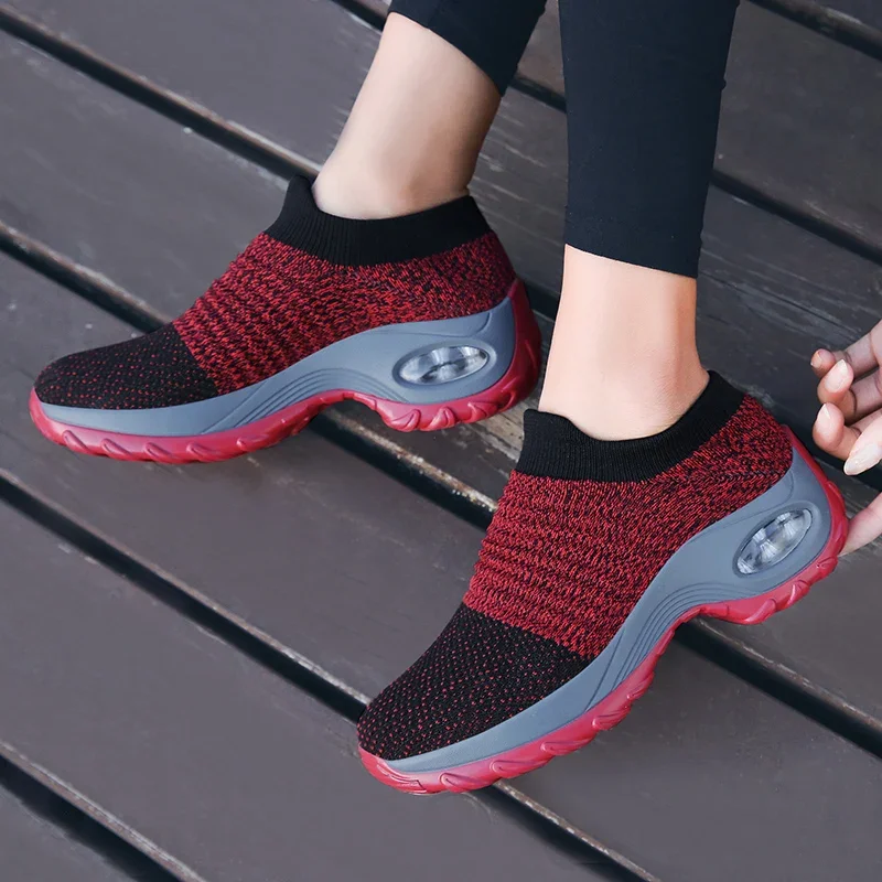 Damen-Walking-Trainer, modische Fly-Weave-Socken-Sneaker, atmungsaktive, bequeme Pflegeschuhe, lässige Plateau-Loafer, rutschfest – Detail 17