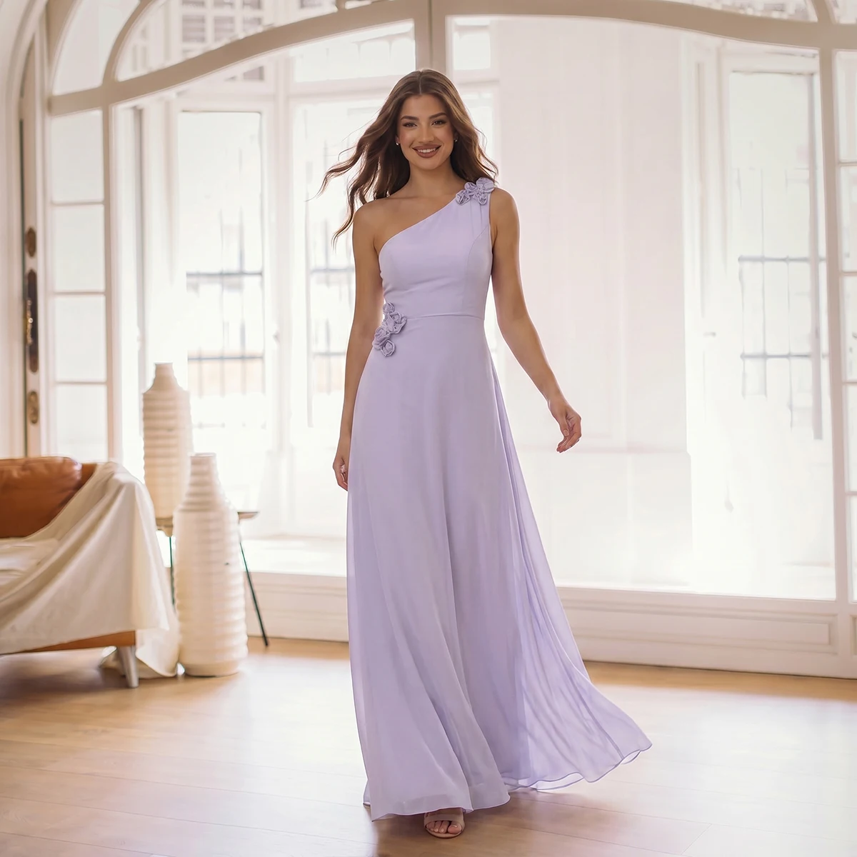 Simple Chiffon One Shoulder Bridesmaid Dresses Long Formal Dress Flower Evening Gown For Women