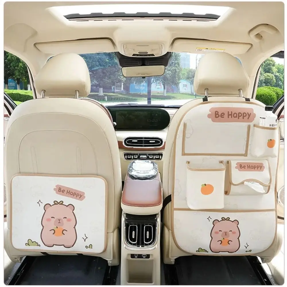 Genuine Leather Capybara Car Storage Bag Anti-fouling Car Seat Back Protector Cover Cartoon Car Trash Can Cartoon Kawaii