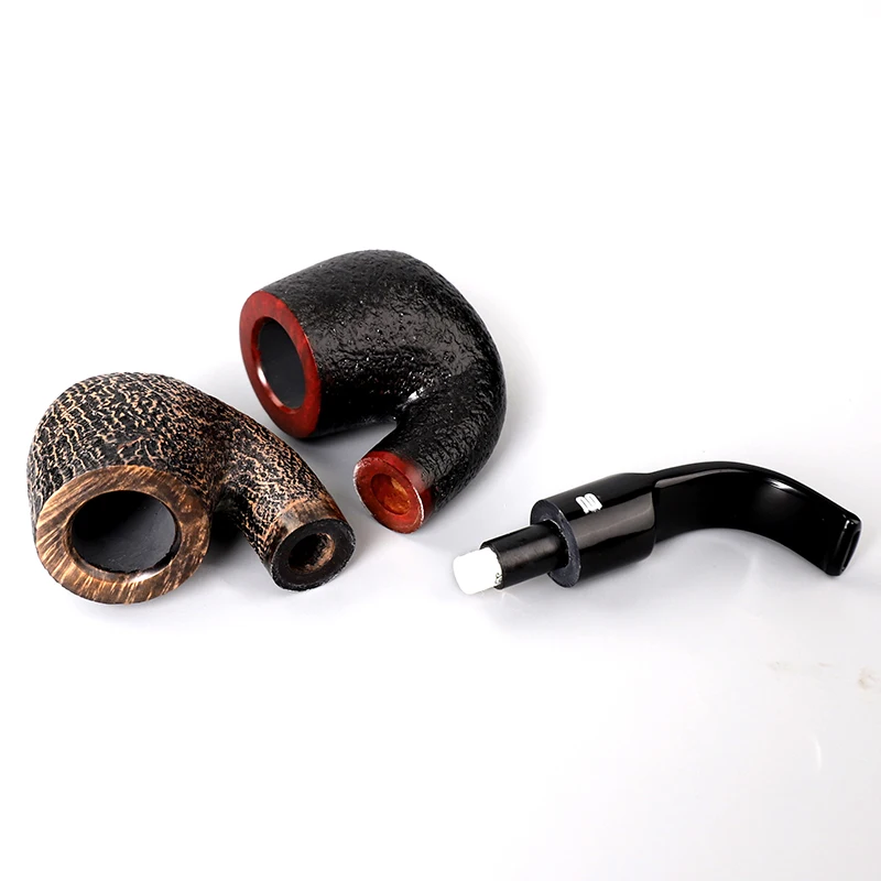 RU-MUXIANG Wood Sandblast Pipe with Bent Stem, Tobacco Pipes, Smoking Accessory, Gift for Men, Free Tools, 9mm Filters