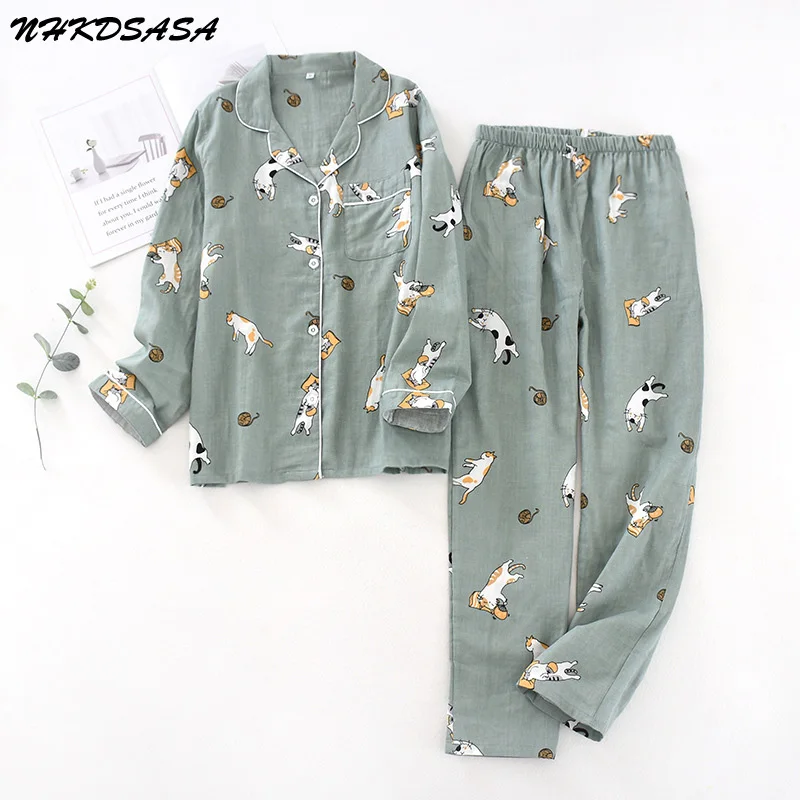 Conjunto de pijamas feminino Cartoon Cat, pijamas femininos, 100% algodão de gaze, camisa e calça com gola virada para baixo, Comfort Nature, 2 peças