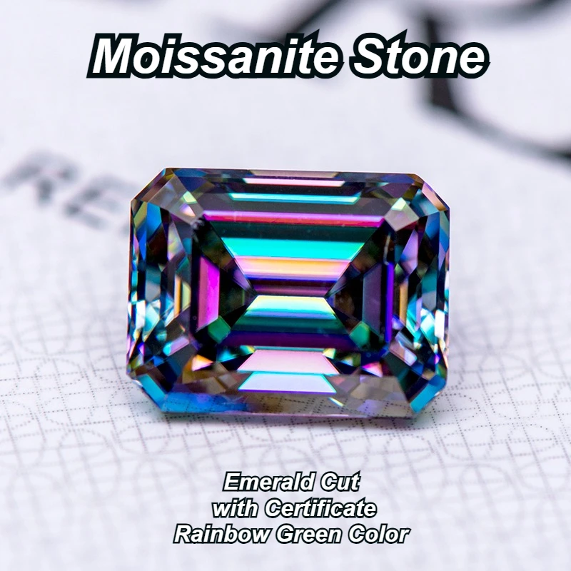 

Moissanite Stone Emerald Cut Rainbow Green Color Charms Gemstone Advanced Jewelry Rings Earrings Making with Certificate