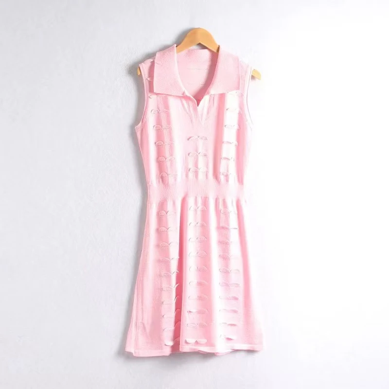 Summer New Women's Gold Thread 3D Lace Collar High Waist Dress Y2K High Quality Fashion Casual Sleeveless Knitted Dress