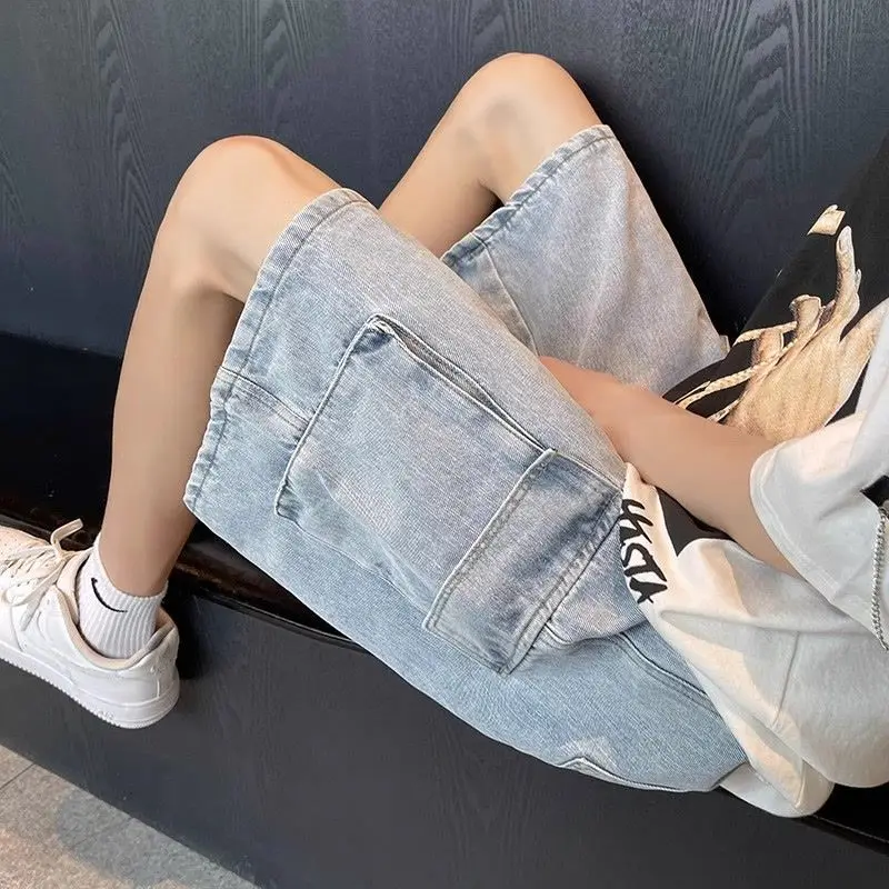 Cargo Retro Trousers 2024 Summer New Men's Elastic Low Waist Casual Patchwork Pockets Drawstring Trendy Loose Jeans Shorts