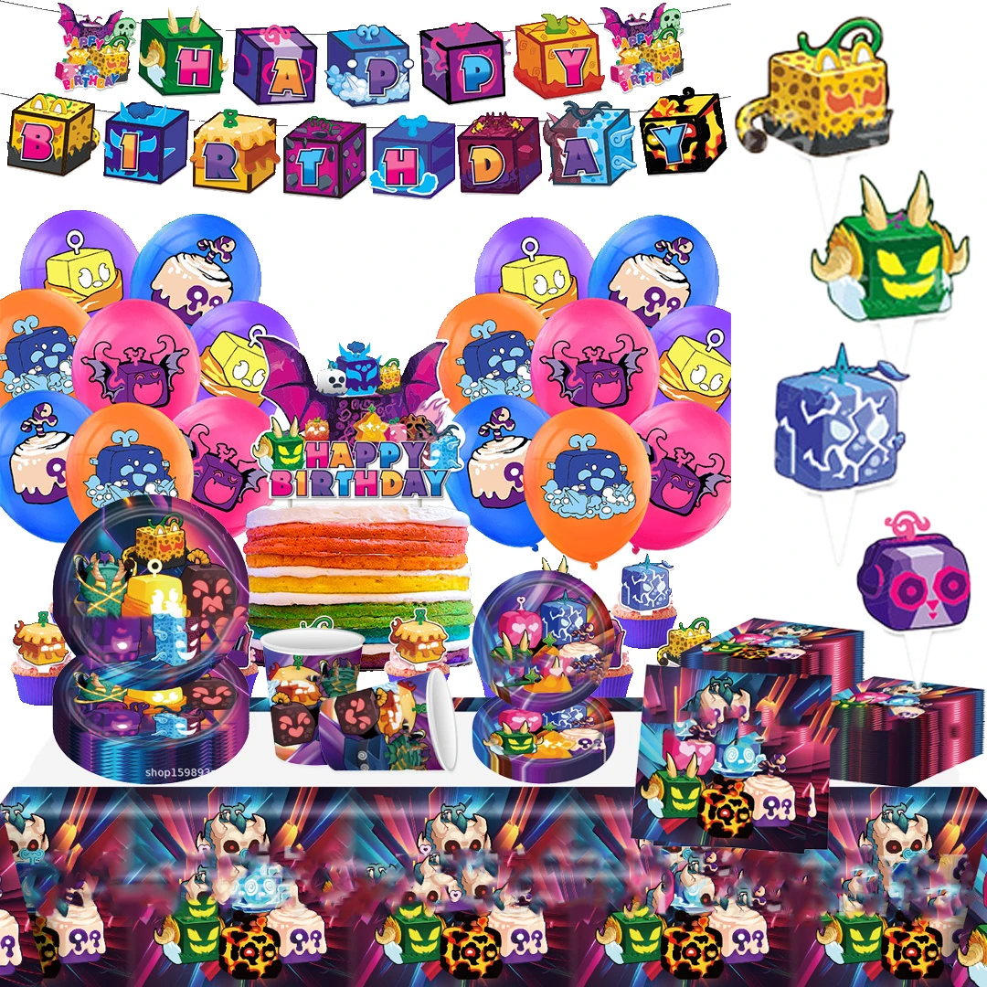 Blox Fruits suministros para fiestas de cumpleaños, pancarta desechable, adorno para Tartas, bandera colgante, juego de globos de frutas, decoración para tartas de cumpleaños