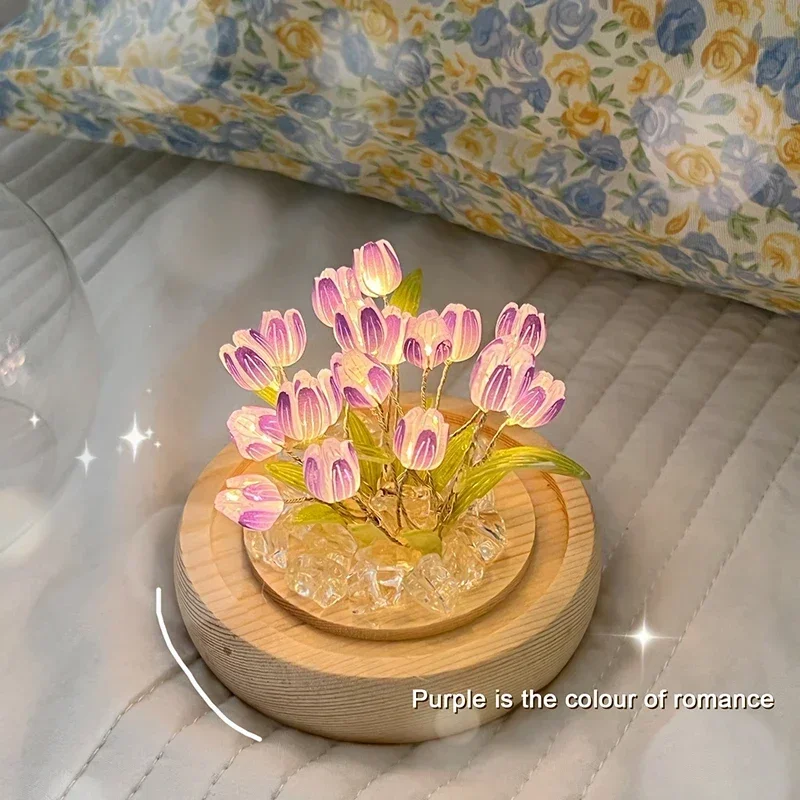 DIY Artificial Tulip Flower Night Light Ornaments Handmade Bedside LED Night Lamp Bedroom Desk Decor Birthday Gifts Table Lamp
