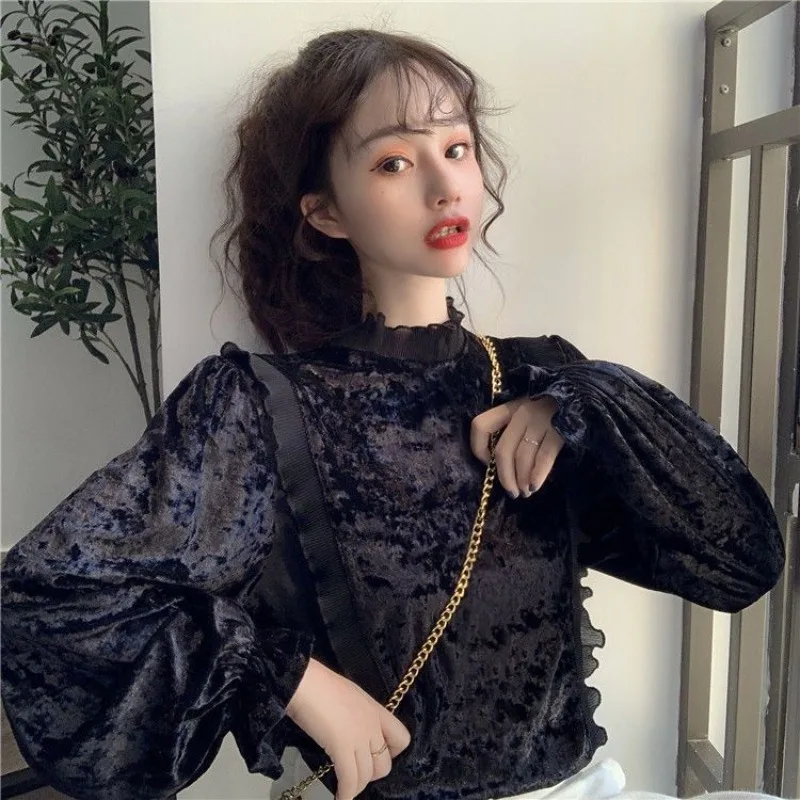 Velvet Blouses for Women Vintage French Style Cute Feminine Autumn Winter Long Sleeve Aesthetic Clothes Ruffles Fashion Mujer