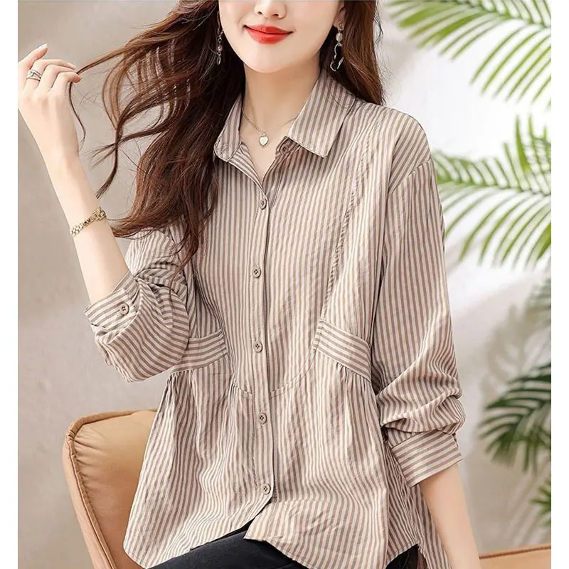 Women\'s Autumn Fashion Simplicity Striped Polo Collar Long Sleeve Shirts Women Clothes All-match Casual Loose Temperament Tops