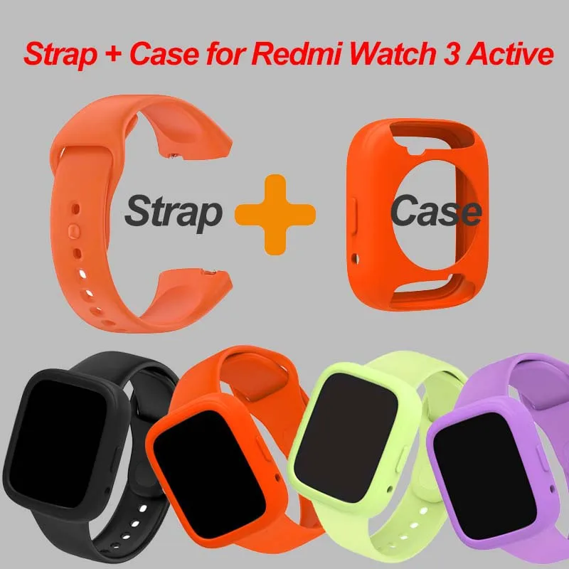 Silicone Strap + Case For Xiaomi Redmi Watch 3 Active Smartwatch WristBand Bands + Protective Case Protector Cover