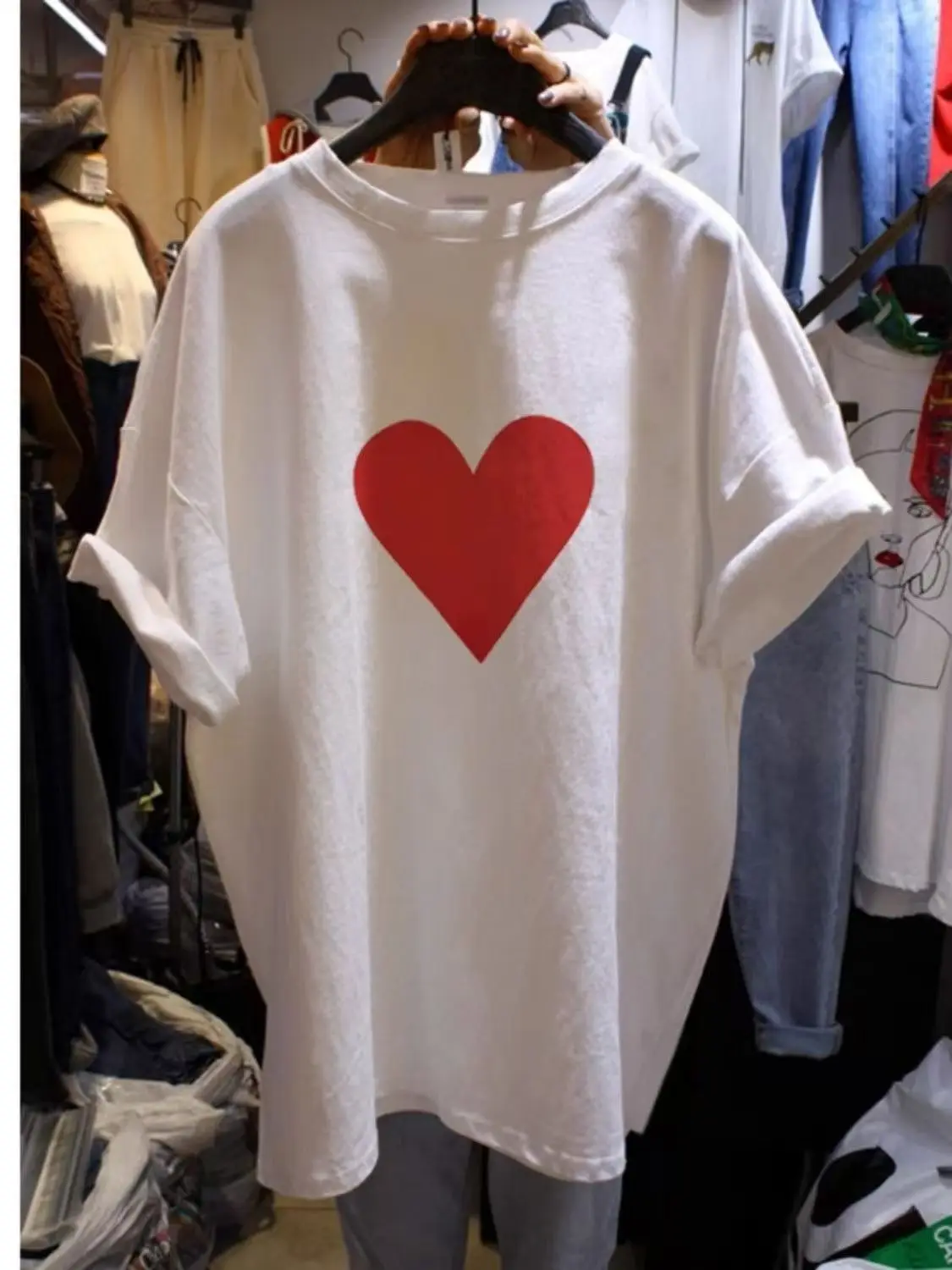 Red Large Heart-shaped Print White Cotton Y2k Tshirts Women O Neck Short Sleeve Casual Korean Fashion Tee Shirt Summer 2025 New
