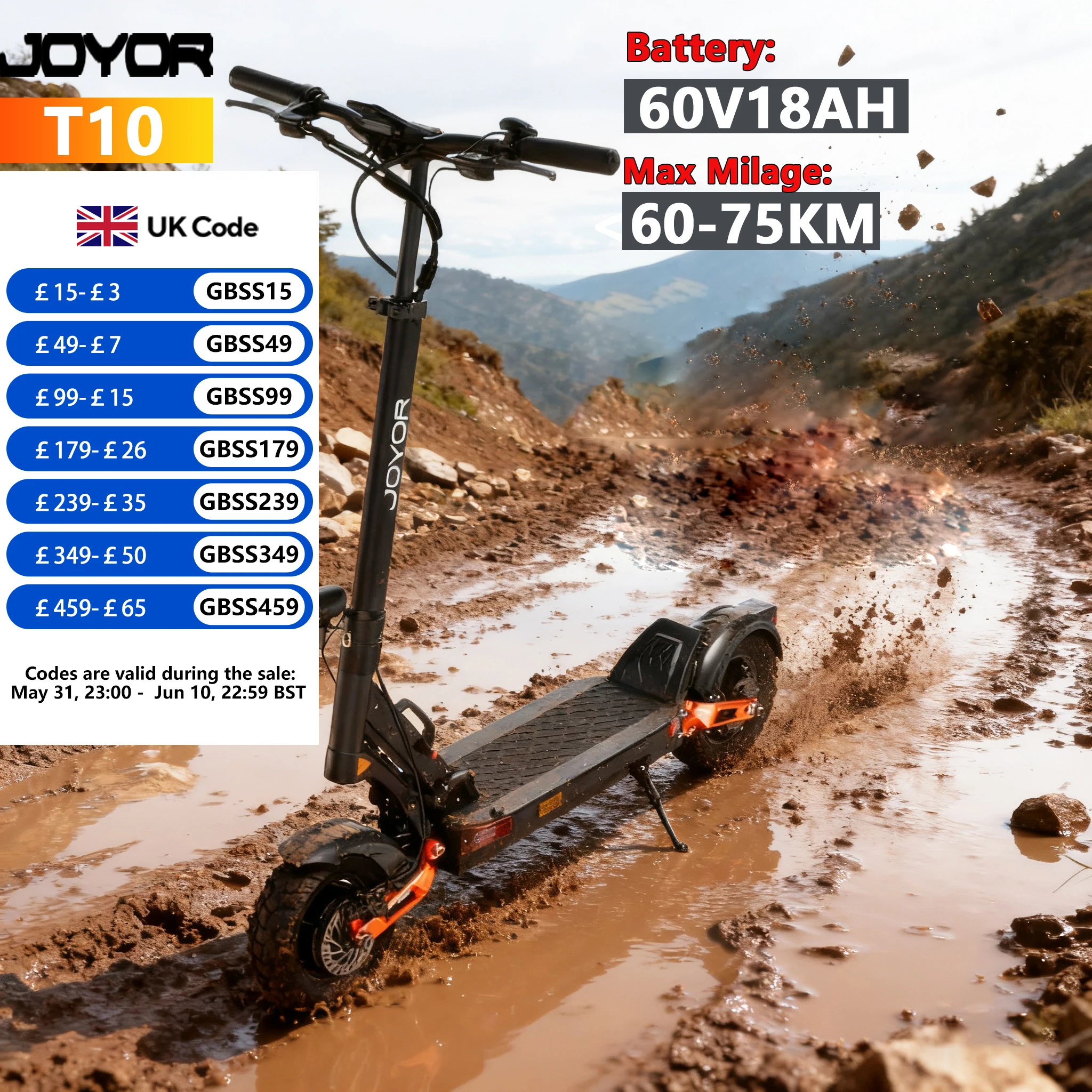 JOYOR T10 Electric Scooter For Adults Daily Travel And Commuting, E-Scooter Dual Motor 60V18Ah Battery, 10 Inch Tire Hydraulic Brake Scooters Electric Foldable