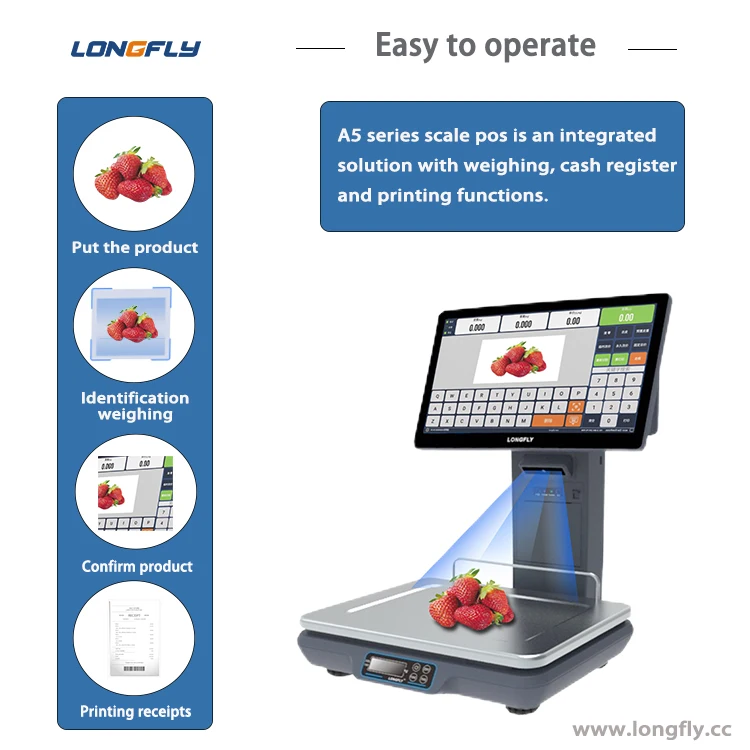 LongFly ACS-A5 All-One Smart AI Scale POS Cash Register with Dual Touch Screen Thermal Printer & Windows 10 or Above