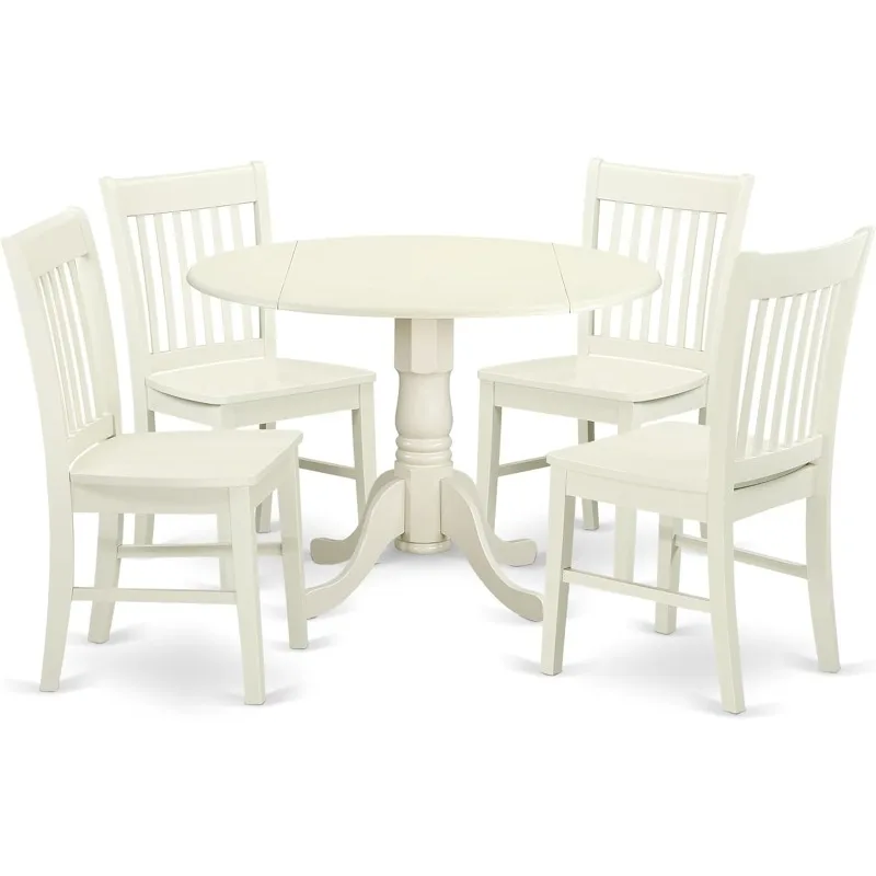 East West Furniture DLNO5-LWH-W 5 Piece Dining Set Includes a Round Dining Room Table with Dropleaf and 4 Kitchen Chairs,42x42In