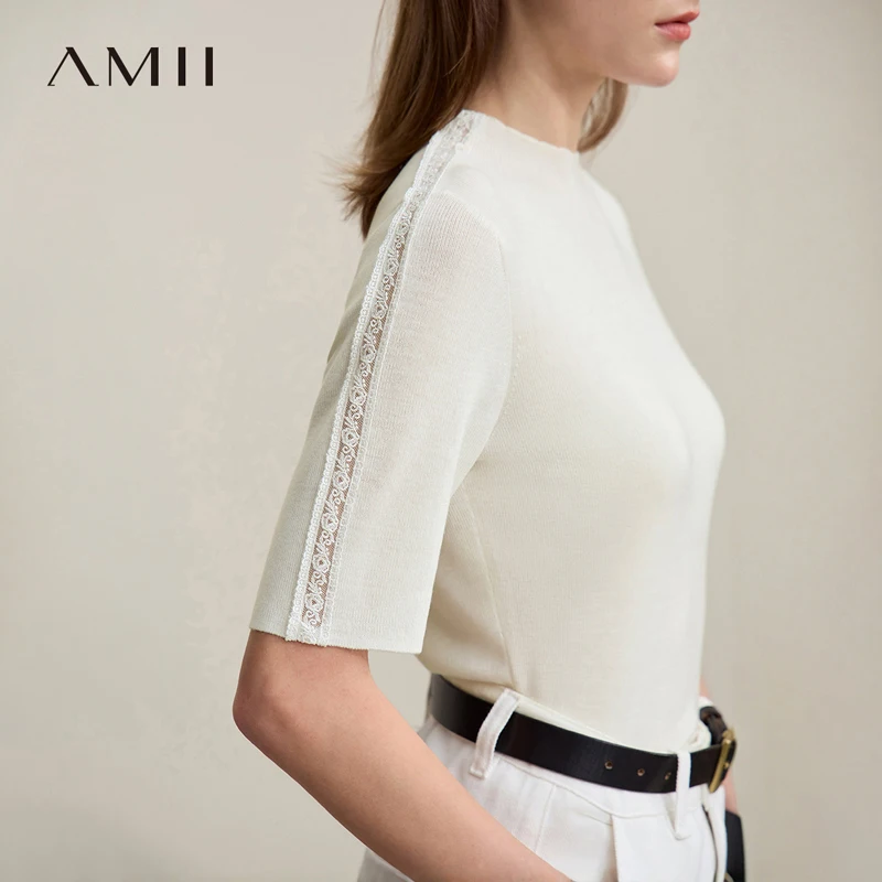

AMII Women's Sweaters Pullovers 2026 Spring New Daily Elegance Style Hollow Lace Medium Sleeve Knitted Slim Women's Top 12641068