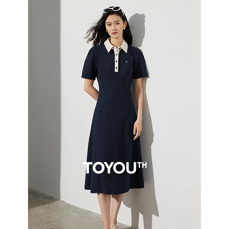 TOYOUTH Women Dress 2024 Summer New Contrasting POLO Collar Slim Waist Ankle Length Midi Long Dress