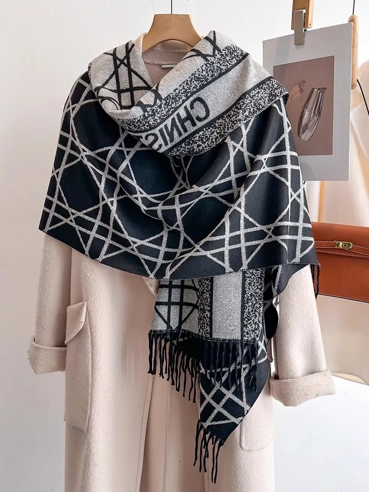 両面チェック柄レタースカーフ女性の秋冬新スタイル模造カシミヤ高級感厚手暖かい高級ショール