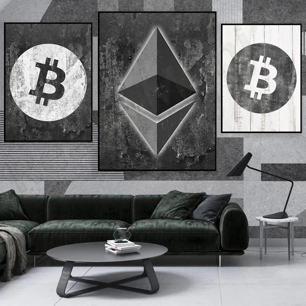 Bitcoin  Print // Ethereum Canvas Print // Ethereum Logo on a Grunge Background // Office Wall Decor // Motivational Modern Art