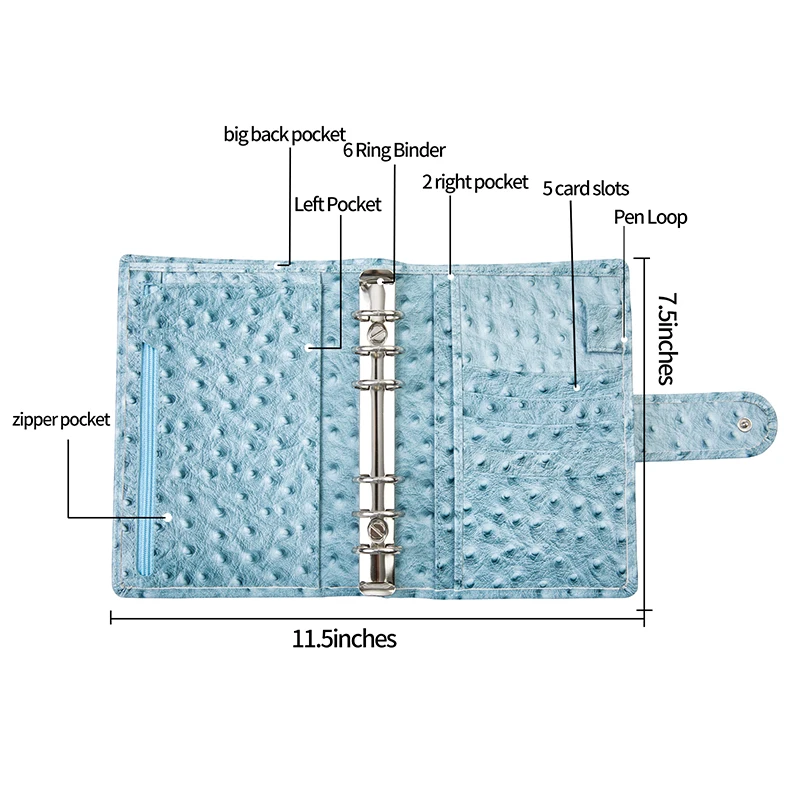 Smartfee A6 Leather Notebook Ostrich Style Pocketbook Binder Photocards A6 Notebook Agenda Budget Planner Notepad With the Rings