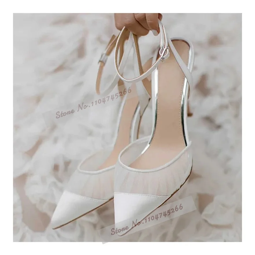 

Women White Air Mesh Patchwork High Heel Shoes Satin Cloth Stiletto Heel Pointed Toe Dress Pumps Buckle Strap Slingback Footwear