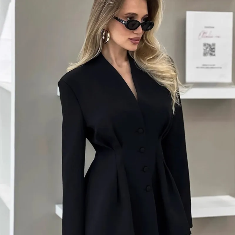 Autumn Elegant Slim Fit Waist Cinching Black Mini Suit For Commuting Sexy V-neck Button Long Sleeves Suit Jacket Vestes Femmes