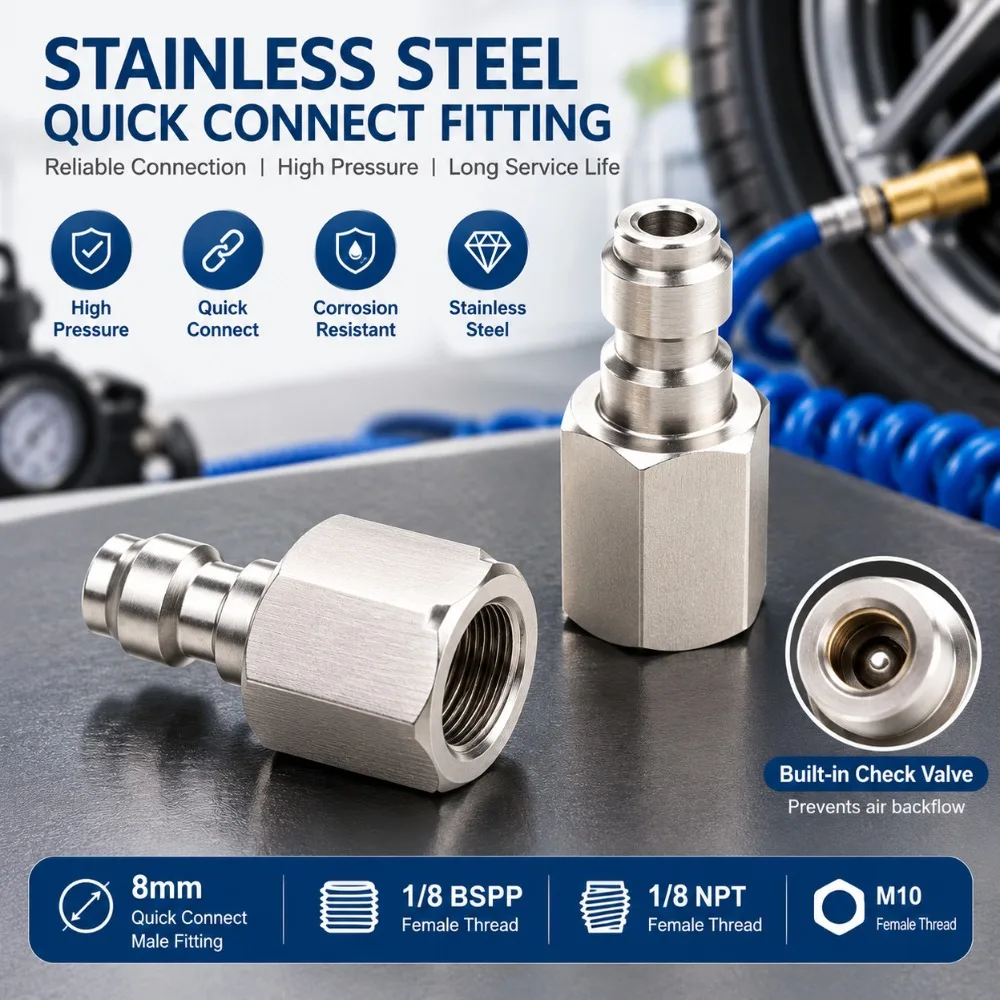 Stainless Steel Quick Connect Fitting Silver 1/8 BSPP Thread Air Inflation Nozzle Check Valve Nozzle Automotive Repair