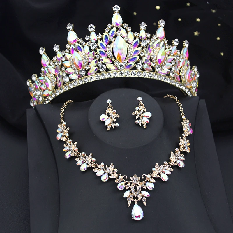 

AB Colors Red Crown Bridal Jewelry Sets for Women Bride Tiaras and Necklace Earrings Sets Wedding Jewelry Set with Crown