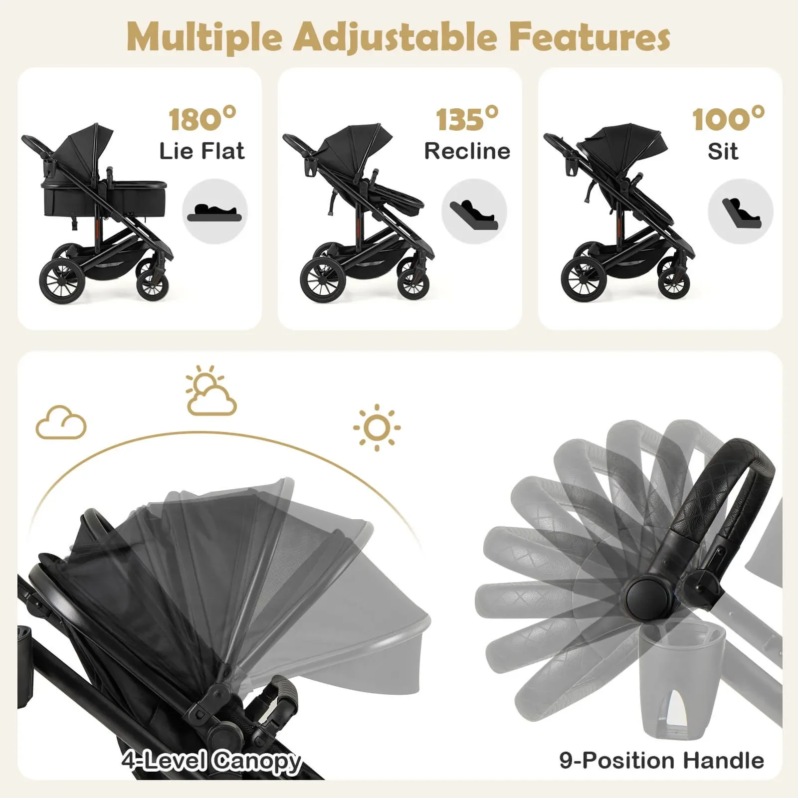 3-in-1 Newborn Stroller Folding Convertible High Landscape Toddler Stroller