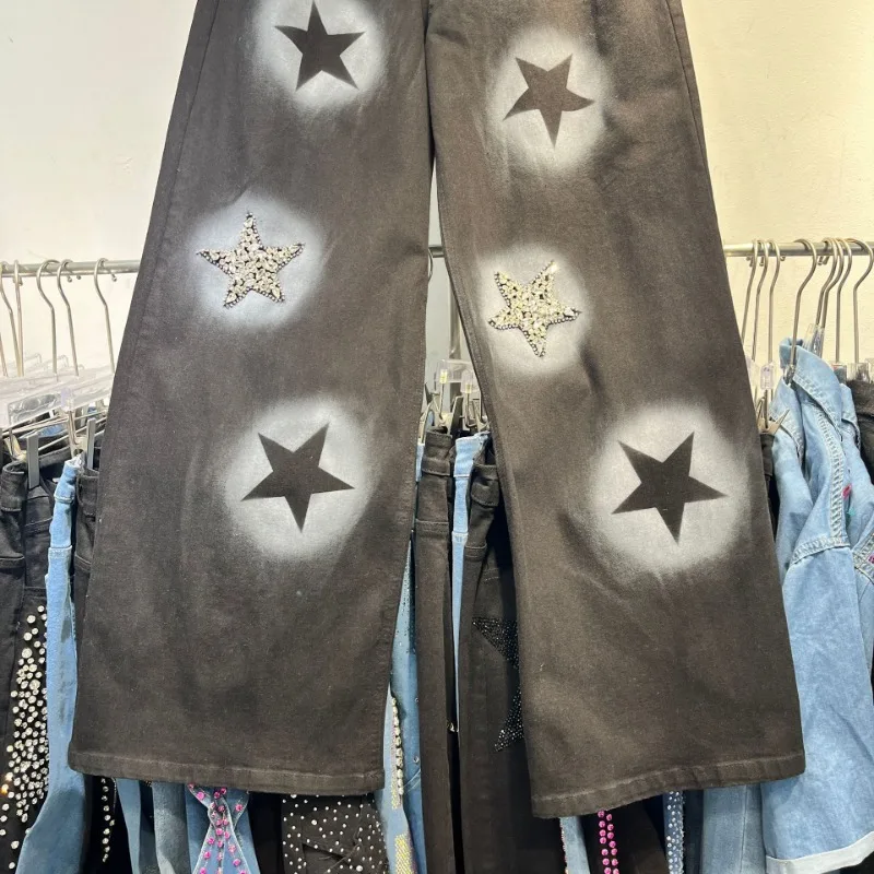 European Style Skinny Straight Heavy Industry Star Jeans Ladies 2025 Summer High Street Vintage Denim Trousers Streetwear Women
