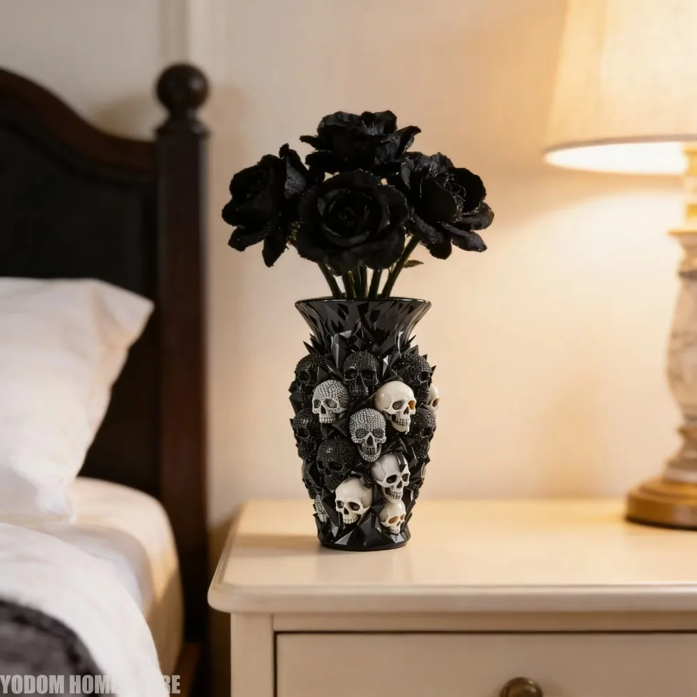 Resin Gothic Skull Skeleton Flower Pot, Spooky Decorative Vase Ornament for Home Indoor Room Outdoor Garden Scene Display