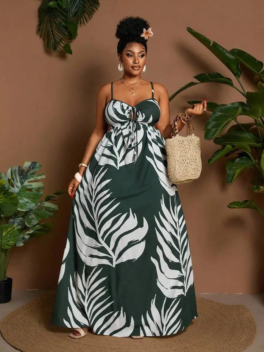 

Plus Size Tropical Leaf Print Maxi Dress with Tie Front and Adjustable Straps
