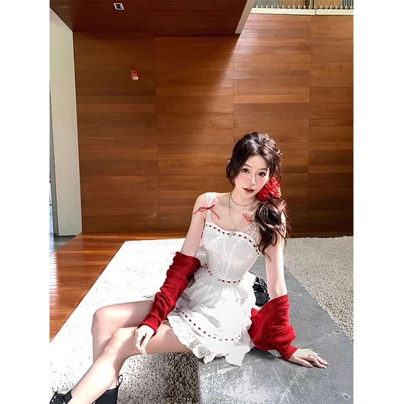 Y2K Irregular Mini Dress Women Fairy Party Lace Bow Strap One Pieces Dresses Summer Vacation Korean Bodycon A Line Vestidos New