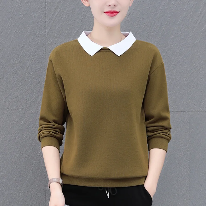 Spring and Autumn Women's Solid Color Combination Polo Neck Long Sleeves Loose Pullers Screw Thread Fashion All Match Tops