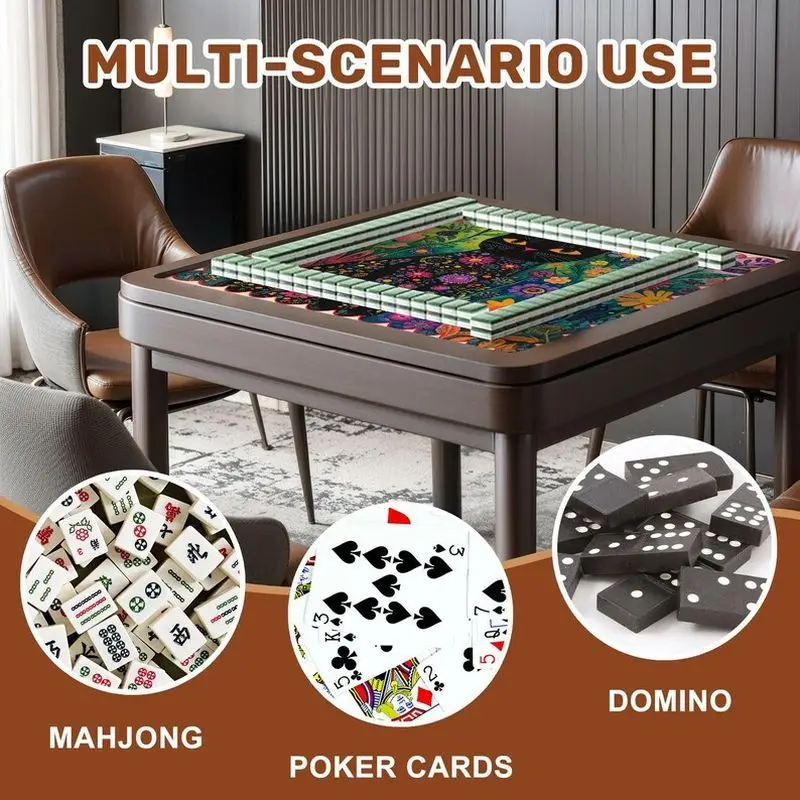 Folk Art Black Cat Colorful Floral Mahjong Mat Non Slip Washable Soft Square Pad Shock Absorb Casual Indoor Game