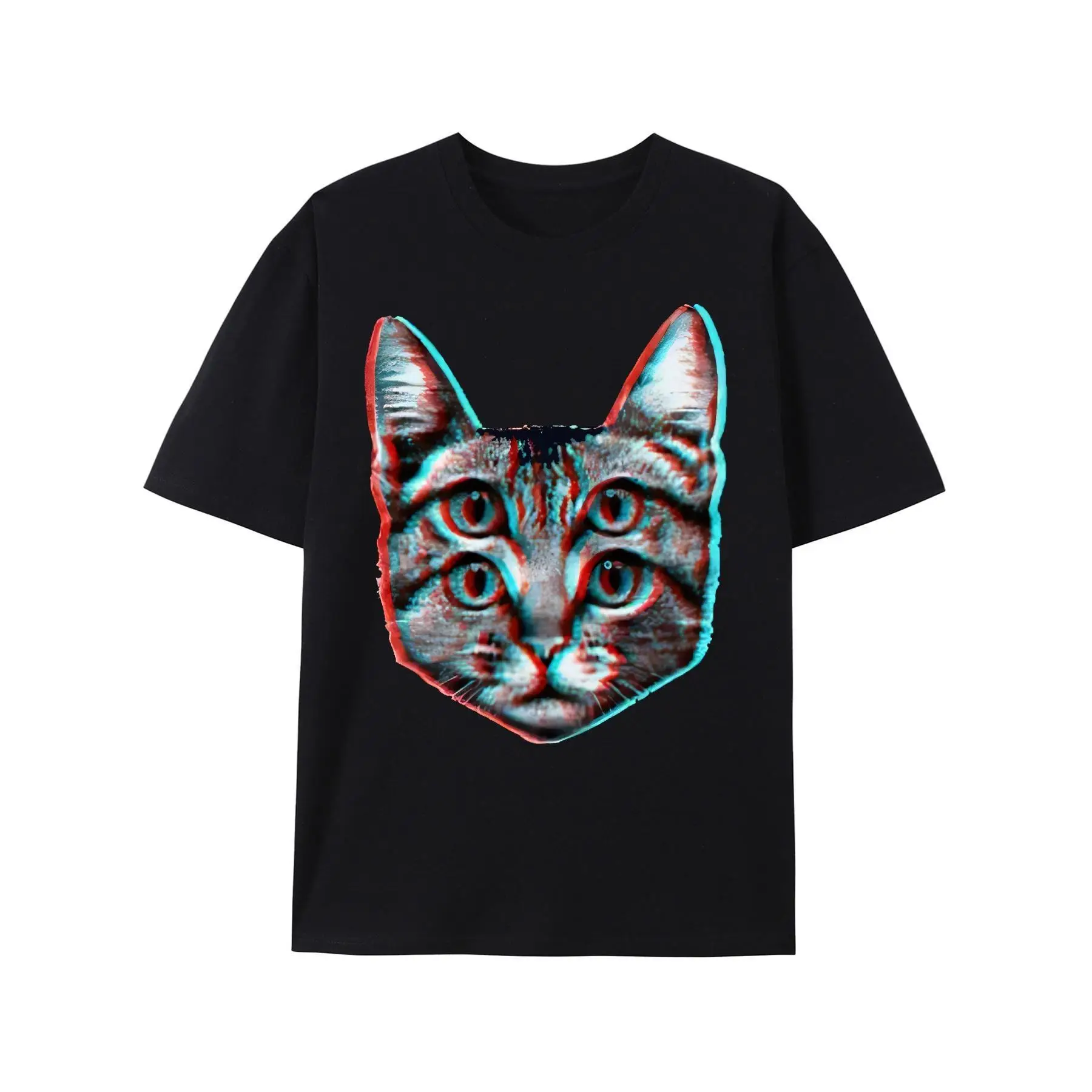 

New Psychedelic T Shirt Men Women Four Eyes Cat Graphic Tee Trippy Surreal Animal Art T-shirt Unique Gift