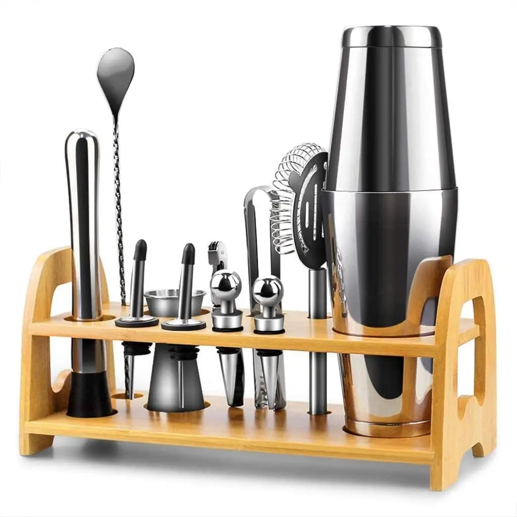Bartender Set Boston Cocktail Shaker Stainless Steel Shaker Cup Wooden Stand Complete Set of 13 Pieces