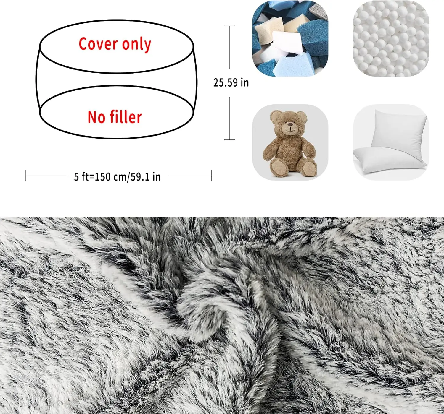 Bean Bag Chair Cover(Cover Only,No Filler),Big Round Soft Fluffy PV Velvet Washable Bean Bag Lazy Sofa Bed Cover ,5ft snow grey.