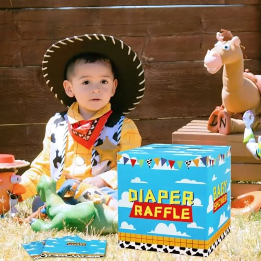 보이 스토리 베이비 샤워 장식 기저귀 추첨 상자 (티켓 카드 50장 포함) - 보이 스토리 베이비 샤워 테마 게임