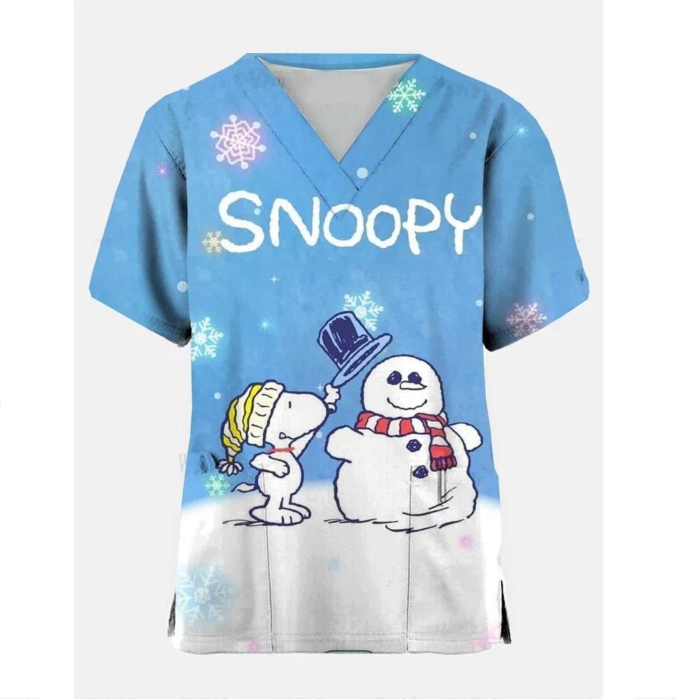 T-shirt Snoopy Summer Women Cartoon Dog Snoopy Shirts Tops Pocket Woman Nurse Uniform Clothes V Neck T-shirts Hospital