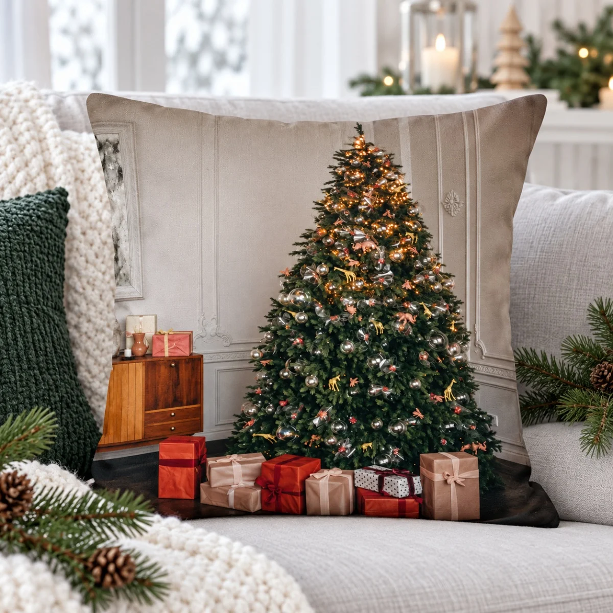 Christmas Tree & Gift Boxes Print Throw Pillow Cover, Vintage Xmas Scene Cushion Case, Festive Sofa Home Decor, Holiday Decora