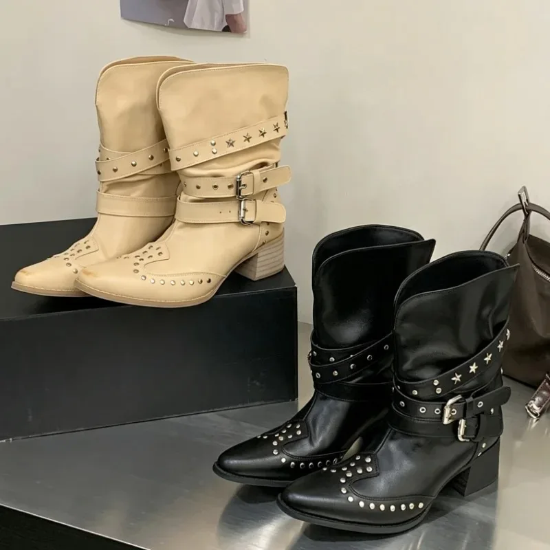 Luxury Rivet MetalBelt Buckle Detail Ankle Boots Women Fashion Pointed Toe Chunky Heel Punk Boots Women's Cowboy Boots Botines