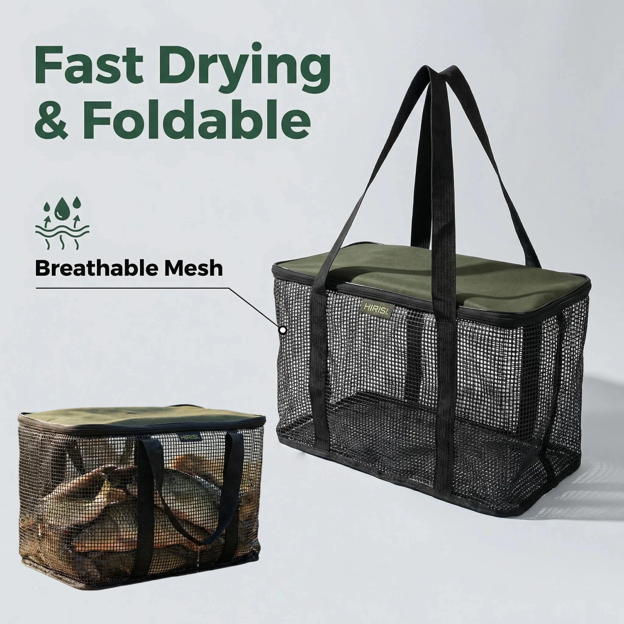 

Hirisi Portable Foldable Fishing Live Fish Storage Bag – Silicone Quick-Drying Mesh Fish Basket & Fishing Handbag