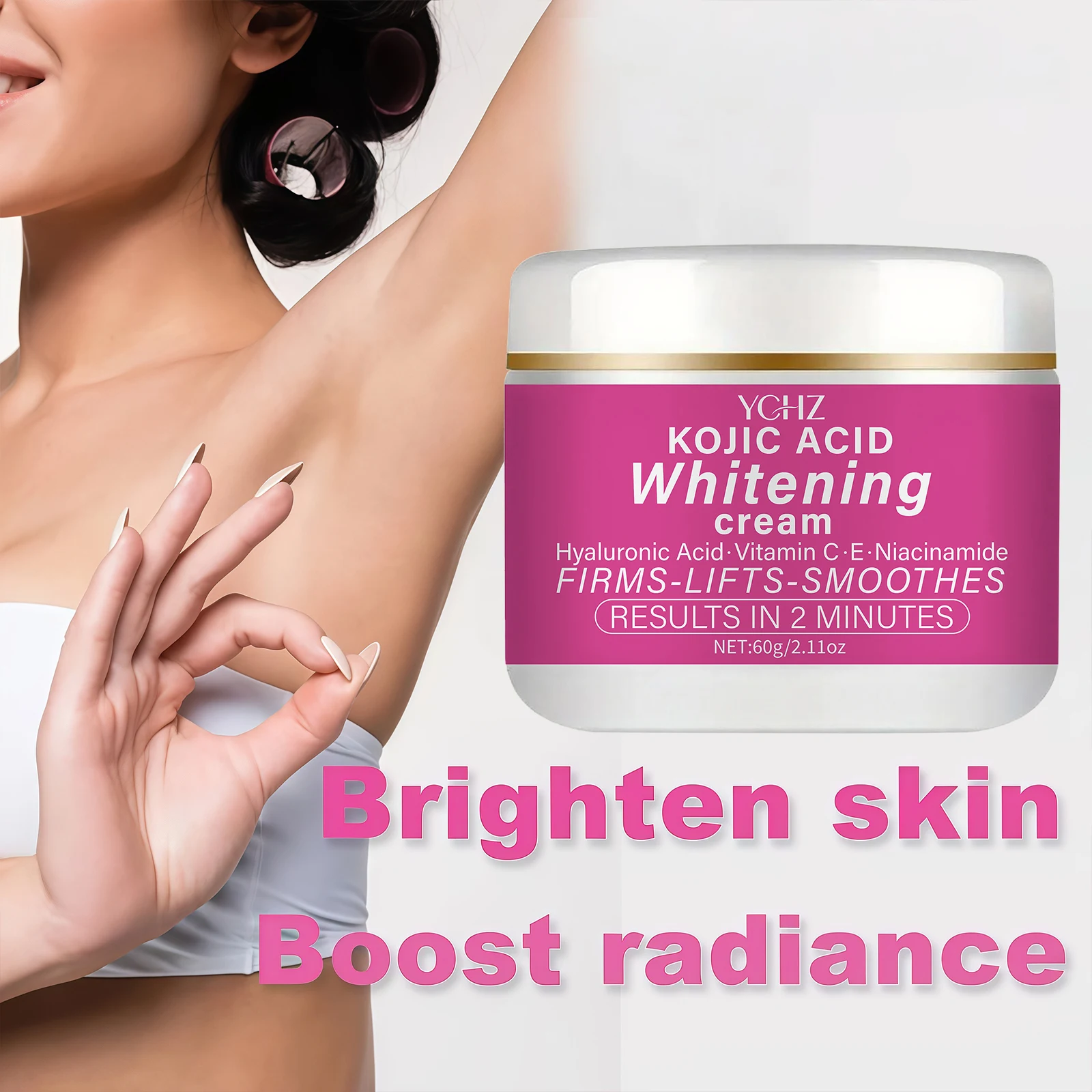 Crema Iluminadora con Ácido Kójico, que Contiene Vitamina C, Niacinamida y Ácido Hialurónico, Apta para la Cara, Axilas, Articulaciones y Parte Interna de los Muslos de la Mujer, con Efectos Aclarantes e Hidratantes, 60g