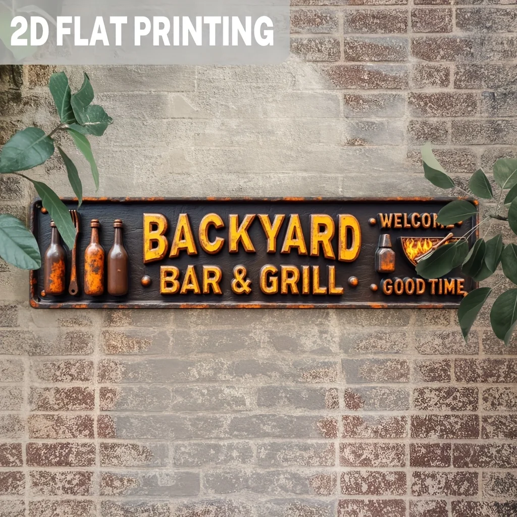 2D Flat - [2D Flat] 2D Design - a Farmhouse Backyard Bar And Barbecue Metal Sign - 2D Printed, Vintage Barbecue Party Theme, Kit
